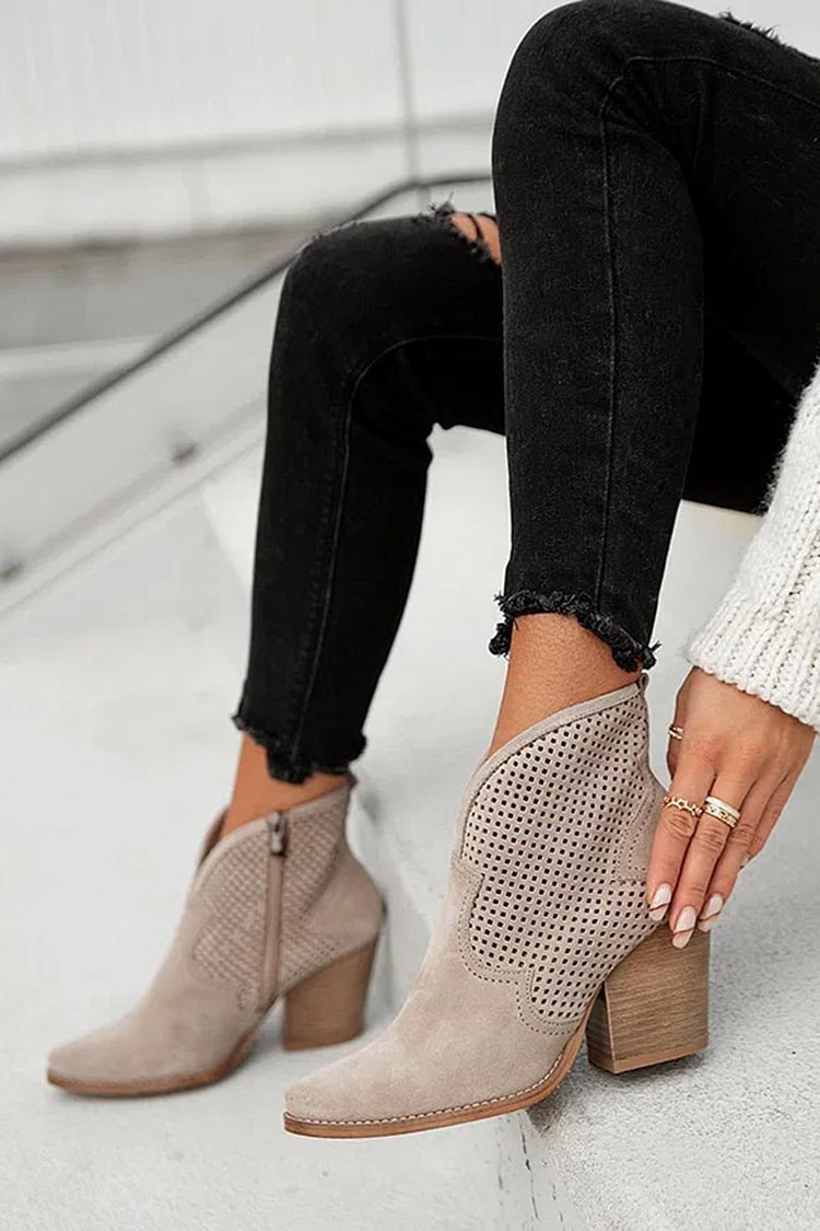 Hollow Out Solid Color Pointed Toe Taupe Ankle Boots