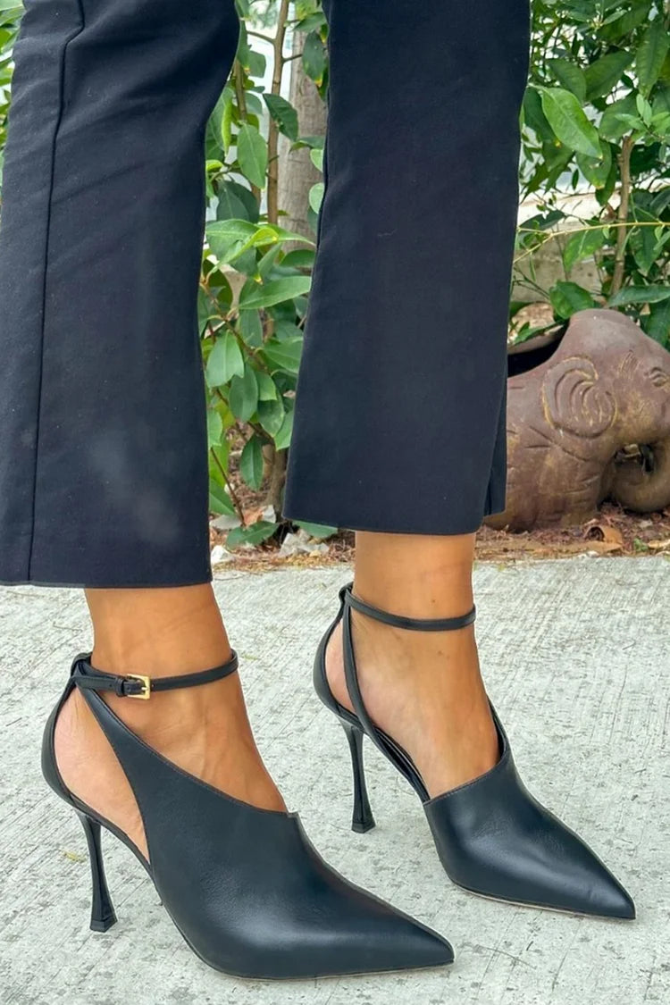 Ankle Strap Buckle Cutout Pointed Toe Black Stiletto Heels