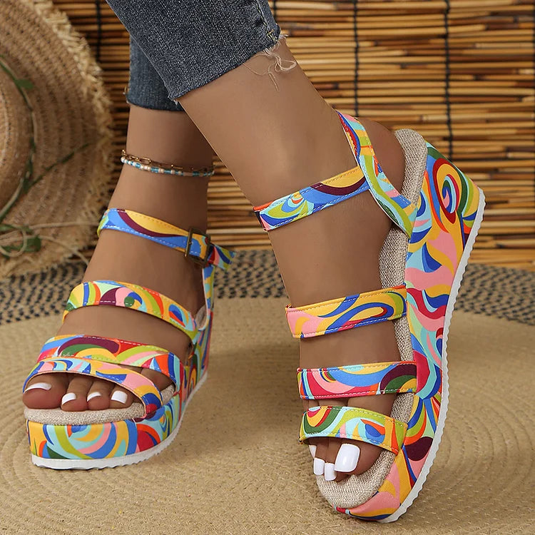 Colourful Swirl Print Strappy Buckle Peep Toe Platform Wedge Sandals