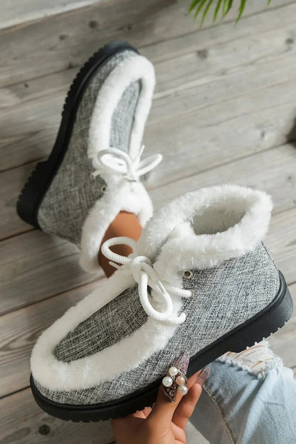 Patchwork Fluffy Trim Round Toe Lace Up Snow Boots