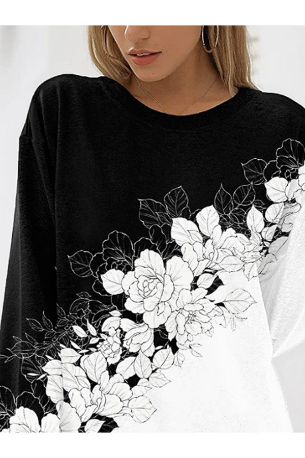 Elegant Floral Print Round Neck Cotton-blend Vacation Sweatshirt