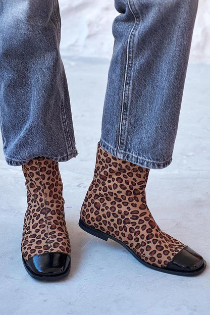 Patchwork Leopard Print Square Toe Brown Ankle Boots [Pre Order]