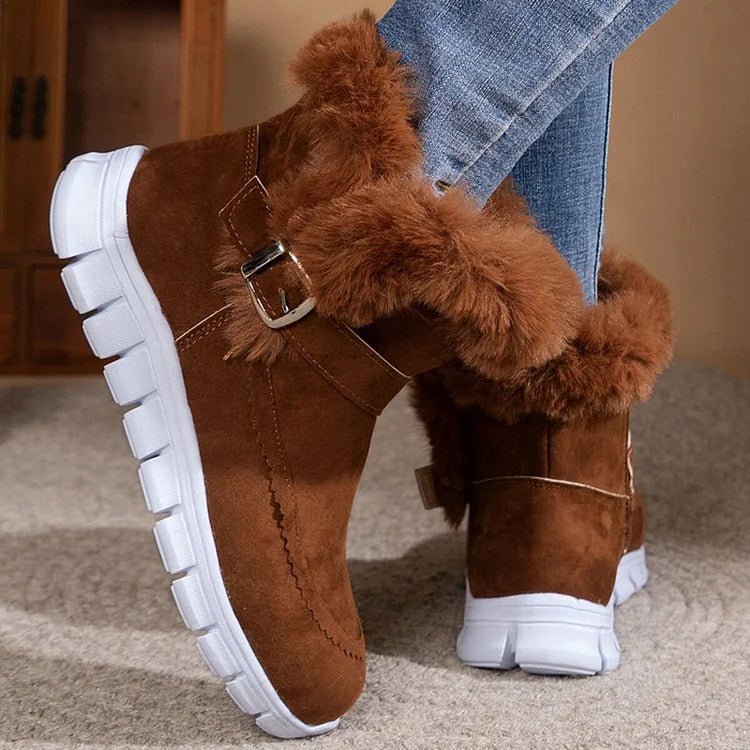 Fluffy Trim Patchwork Strap Buckle Round Toe Snow Boots