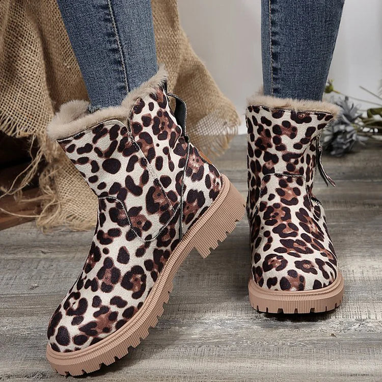 Leopard Print Patchwork Round Toe Faux Fur Lined Zipper Snow Boots