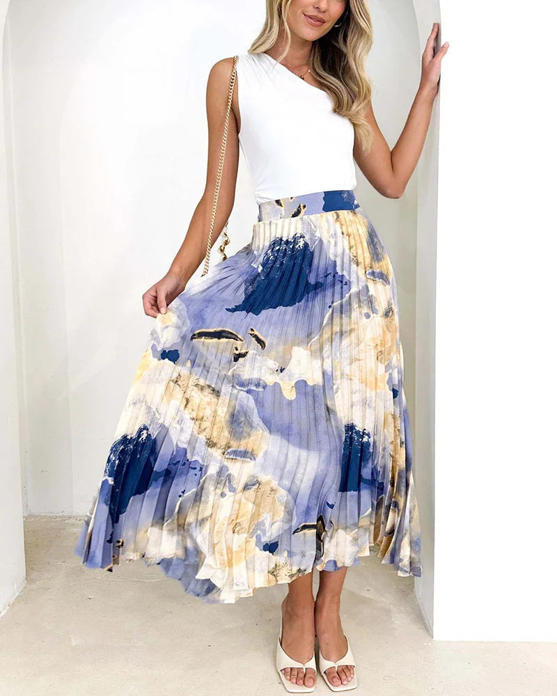 High-end oil painting printed pleated A-line pleated skirt