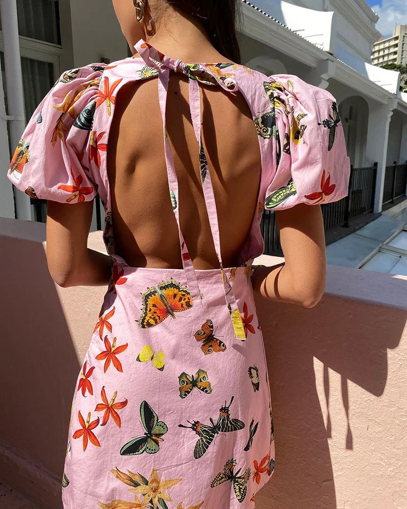 Puff sleeves butterfly print backless dress