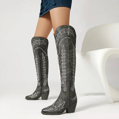 Embroidery V Cut Zipper Pointed Toe Chunky Heel Over The Knee Boots