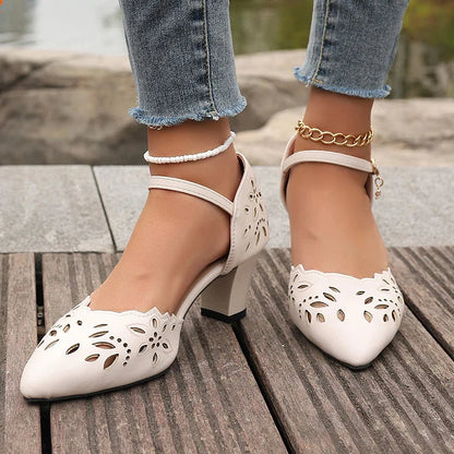 Openwork Design Pointed Toe Ankle Strap Buckle Chunky Heels