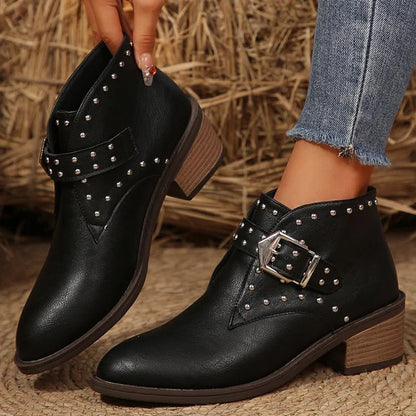 Metal Rivets Decor Patchwork Strap Buckle Chunky Heel Ankle Boots