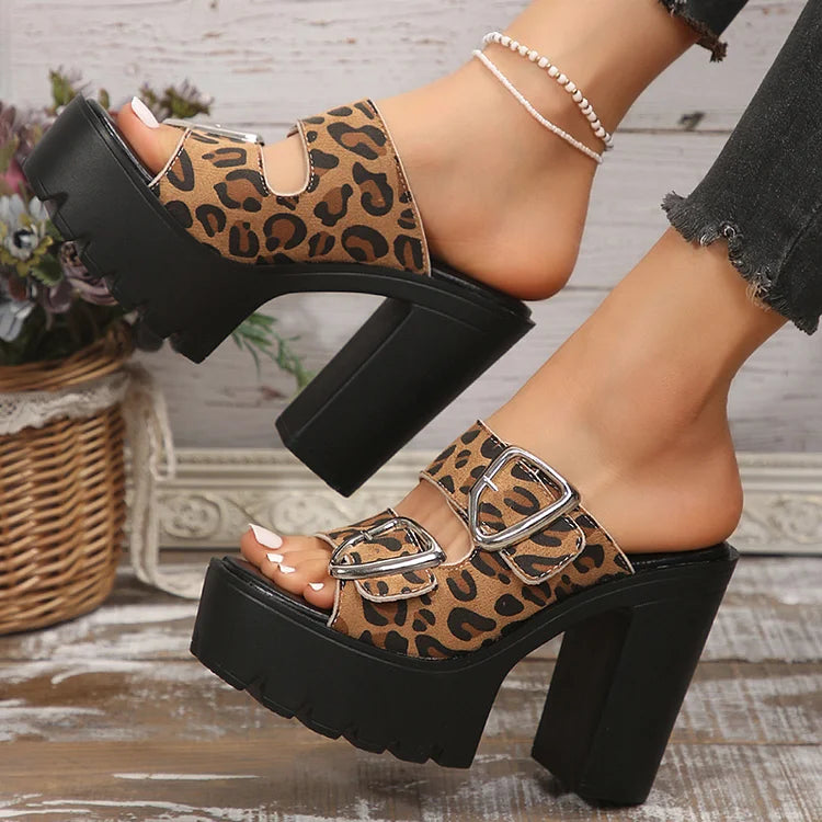 Leopard Print Thick Belt Buckles Decor Peep Toe Platform Chunky Heels