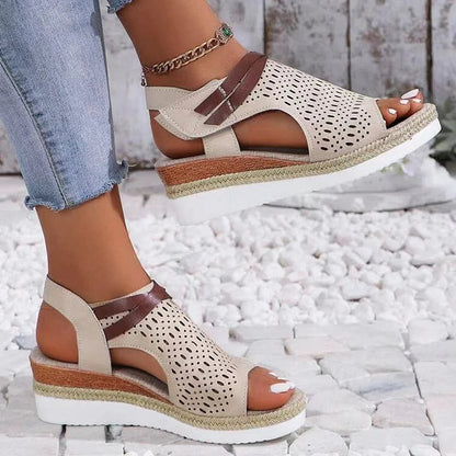 Hollow Out Cross Strap Magic Stick Closure Peep Toe Straw Wedge Sandals