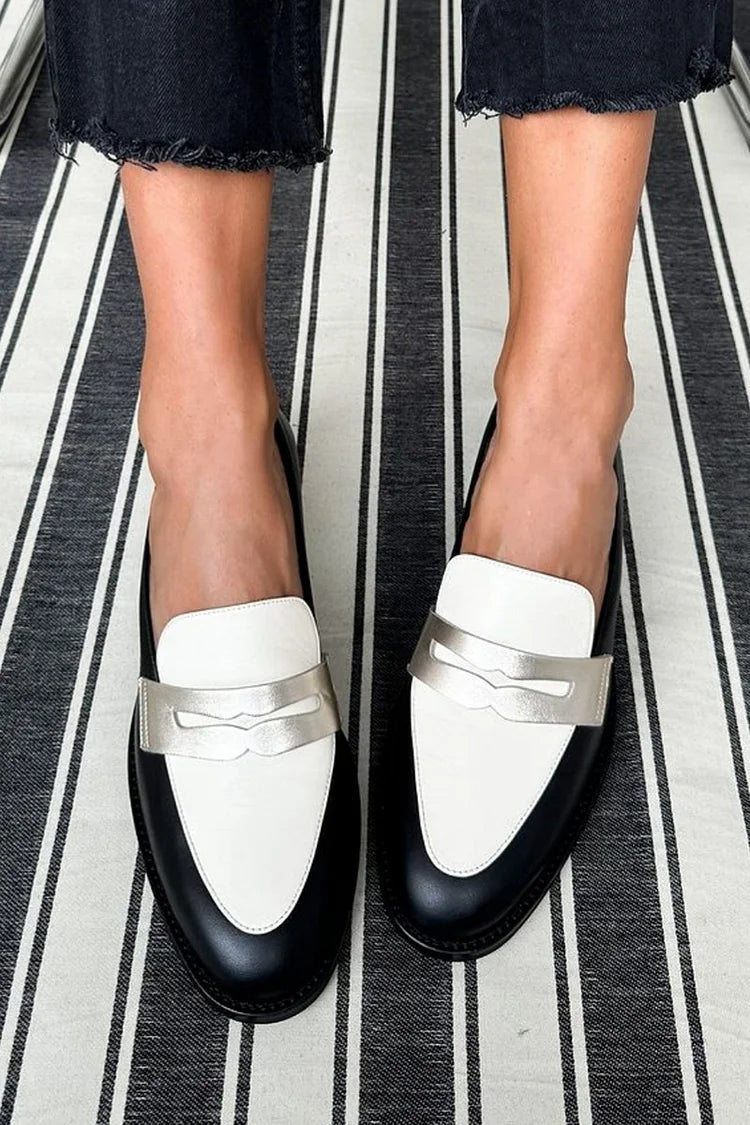 Metallic Sheen Patchwork Colorblock Round Toe Black Loafers [Pre Order]