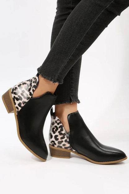 Leopard Print Patchwork Pointed Toe Zipper Ankle Boots