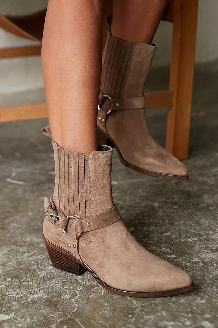 Patchwork Pointed Toe Chunky Heel Brown Western Boots [Pre Order]