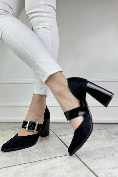 Crocodile Pattern Pointed Toe Black Chunky Heels [Pre Order]