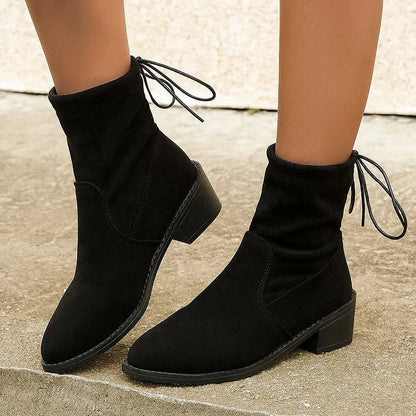 Solid Color Patchwork Tied Up Round Toe Chunky Heel Mid Boots