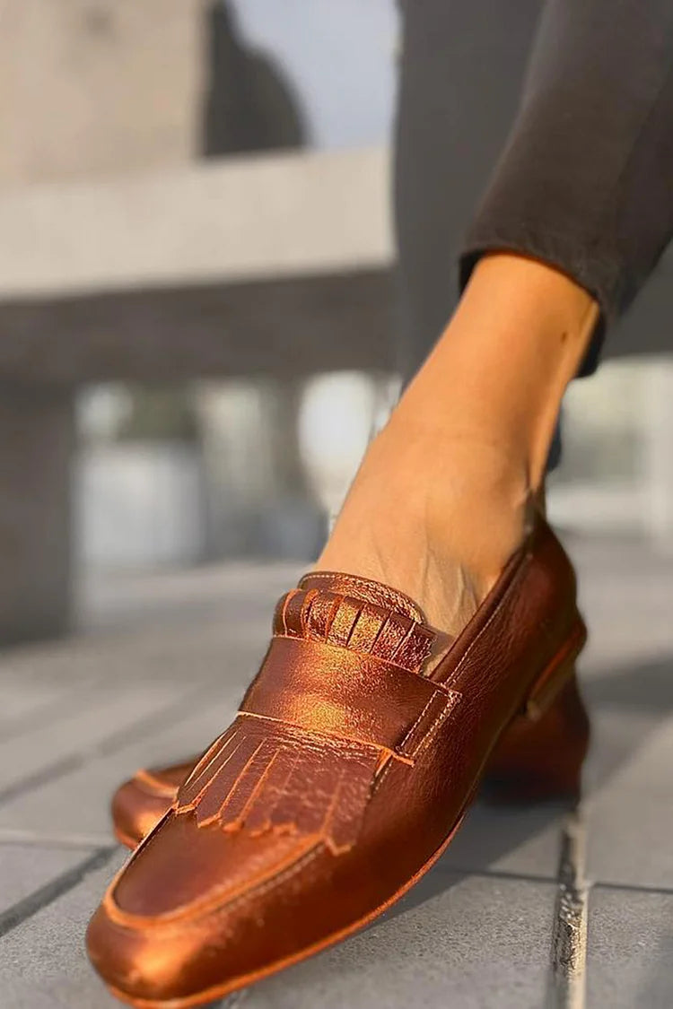 Fringed Trim Patchwork Solid Color Brown Loafers [Pre Order]