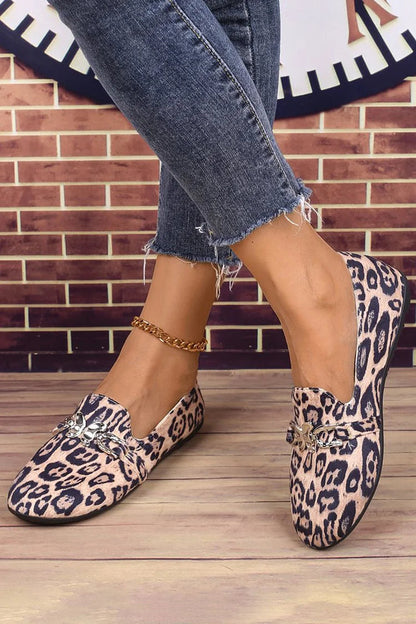 Metal Butterfly Decor Round Toe Leopard Print Loafers