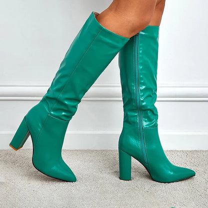 Patchwork Chunky Heel Solid Color Zipper Pointed Toe Knee High Boots