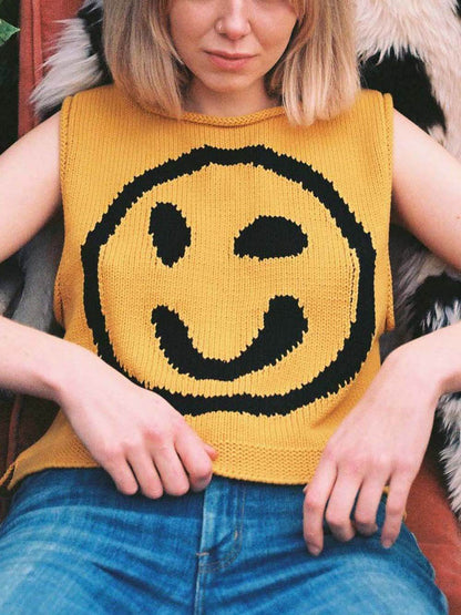 Happy Face Knit Unique Pattern Versatile Loose Tank Top