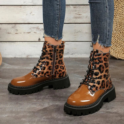 Patchwork Leopard Print Round Toe Chunky Heel Lace Up Mid Boots