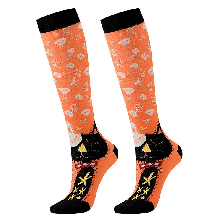 Happy Halloween Skull Pumpkin Ghost Print Color Block Over The Calf Socks