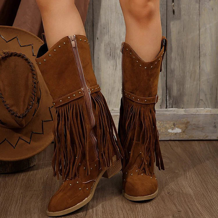 Fringed Trim Metallic Studded Solid Color Chunky Heel Mid Calf Boots