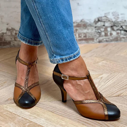 Colorblock Glitter T-Strap Brown Stiletto Heels