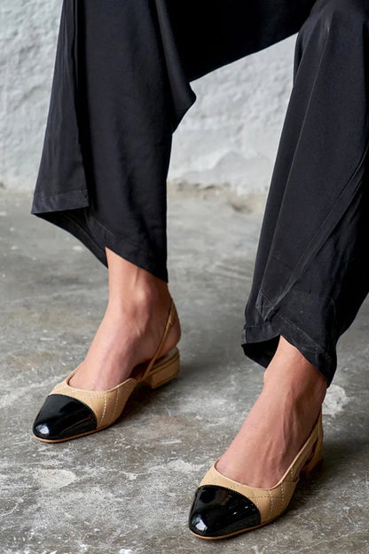 Stitch Detail Colorblock Round Toe Slingback Khaki Low Heels [Pre Order]