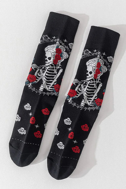 Halloween Skeleton Lady Colorblock Roses Pattern Mid Calf Socks