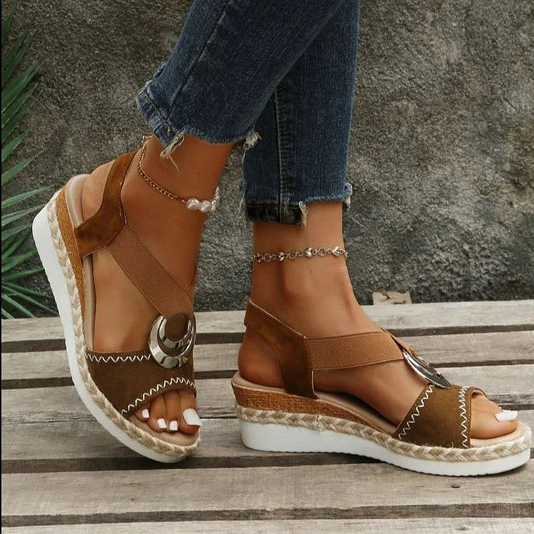 Seam O-Ring Buckle Decor Ankle Strap Platform Wedge Espadrille Sandals