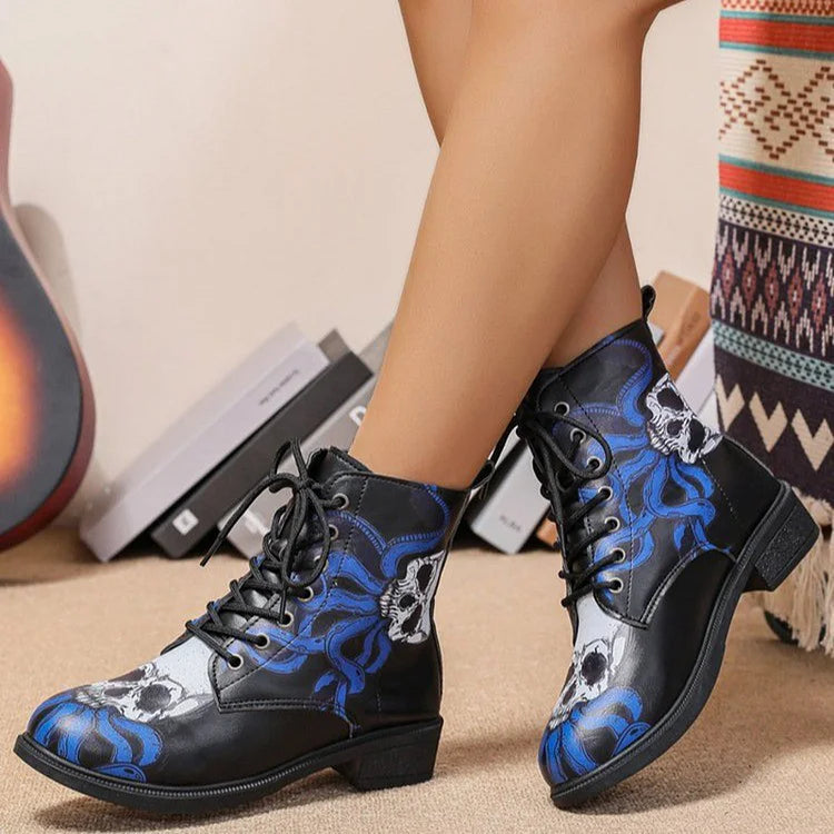 Halloween Skull Octopus Print Lace Up Round Toe Ankle Boots