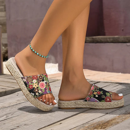 Outdoor Ethnic Floral Round Toe Platform Espadrille Slippers