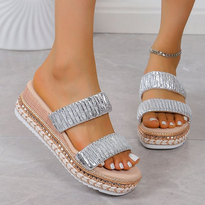 Textured Pleated Design Round Toe Plain Instep Straps Platform Slippers