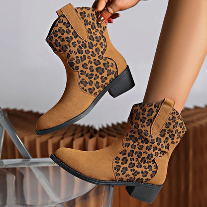 Patchwork Leopard Print Chunky Heel Round Toe Ankle Boots