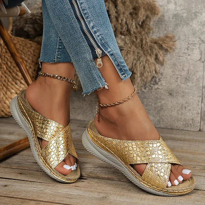 Crocodile Embossed Cross Belt Soft-Soled Wedge Slippers