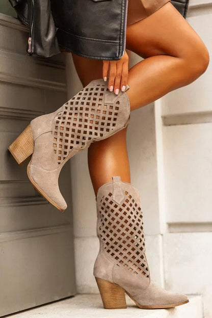 Hollow Out Pointed Toe Chunky Heel Taupe Mid Boots