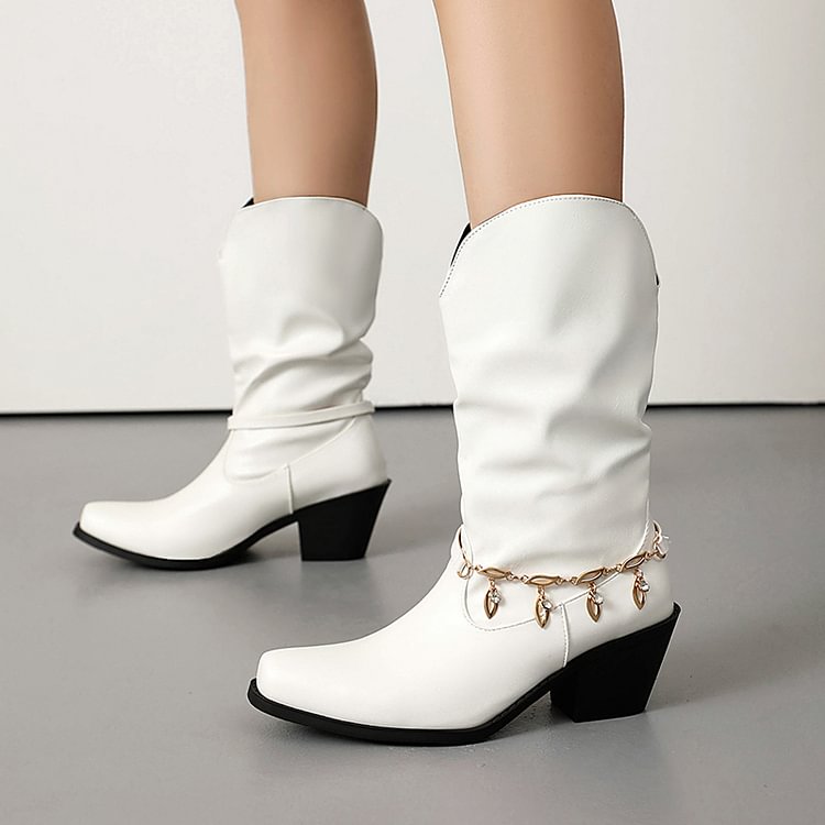 Metal Chain Decor Patchwork Square Toe Chunky Heel Mid Calf Boots