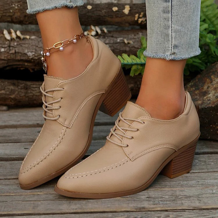 Patchwork Pointed Toe Chunky Heel Lace Up Oxfords