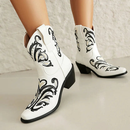 Embroidery Metallic Studded Square Toe Chunky Heel Western Boots