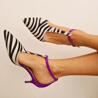 Zebra Pattern Pointy Toe Ankle Strap Low Stilettos