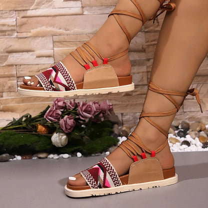 Retro Boho Ethnic Pattern Lace Up Patchwork Platform Sandals