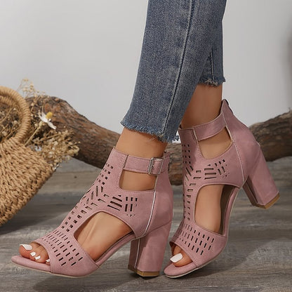 Hollow Out Ankle Strap Peep Toe Buckle Plain Chunky Heels