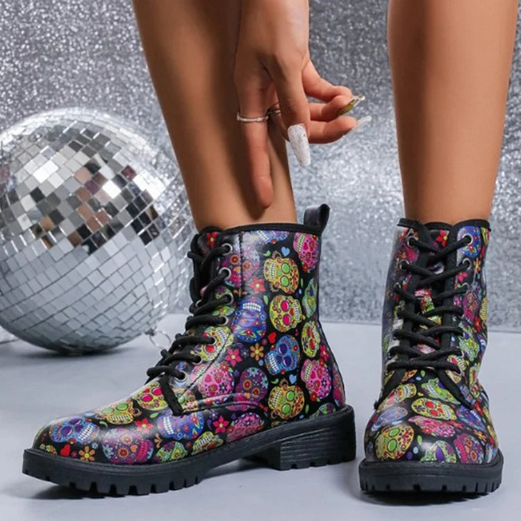 Halloween Colourful Graffiti Skull Print Lace Up Ankle Boots