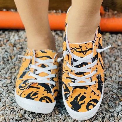 Halloween Pumpkin Bat Print Lace Up Canvas Casual Shoes