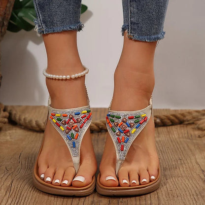 Retro Rhinestone Colourful Beads Decor Elastic Band Flip Flops Sandals