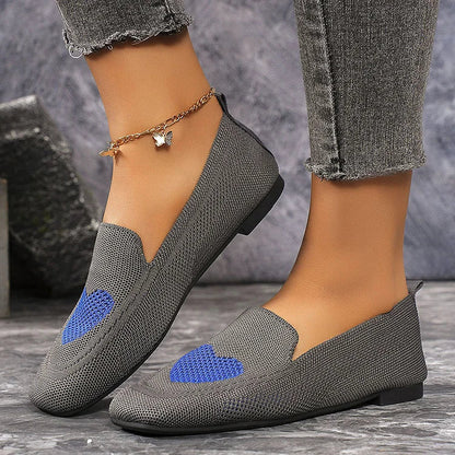 Heart Pattern Print Square Toe Slip On Knit Casual Flats