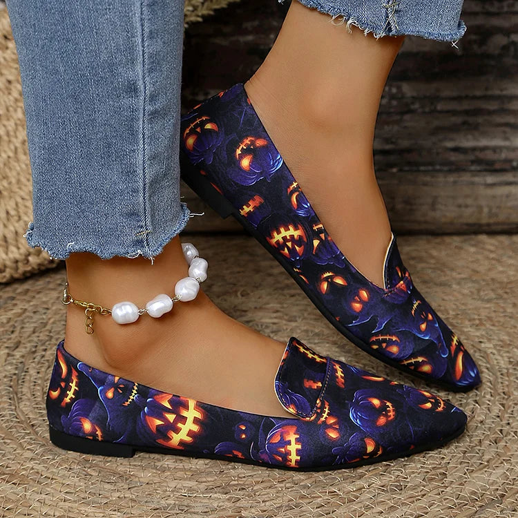 Halloween Demon Pumpkin Print Pointed Toe Flats