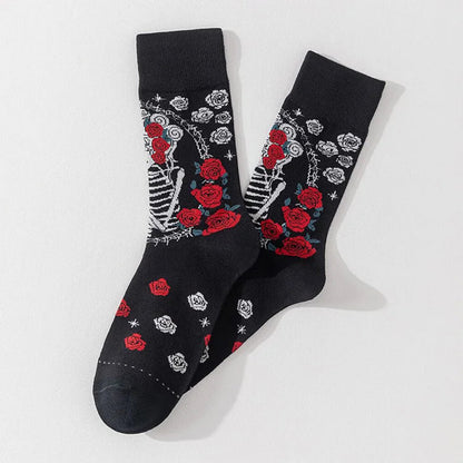 Halloween Long Hair Skeleton Rose Floral Print Mid Calf Socks