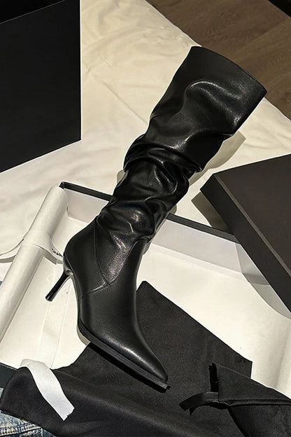 Pointed Toe Solid Color Patchwork Stiletto Heel Knee High Boots